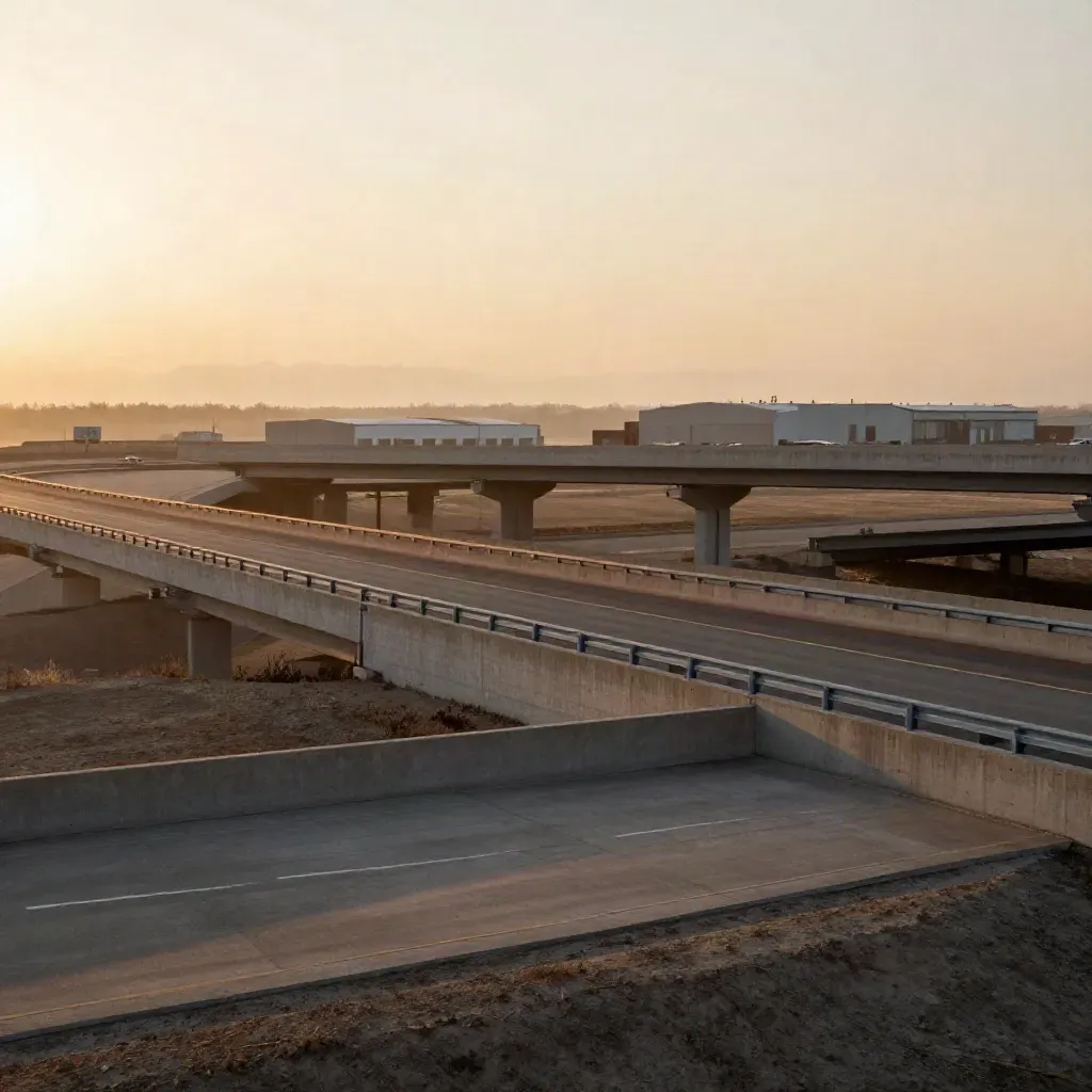 Hazy I-85 overpass and warehouse silhouettes above calm concrete embankment at sunset.