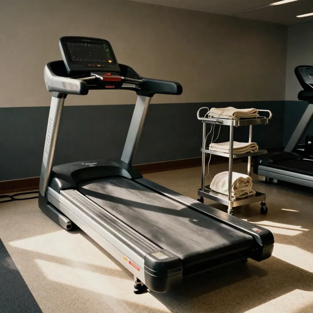 Floor-level treadmill stress-test bay with ECG cart, folded towel, warm light and cleaning vapor.