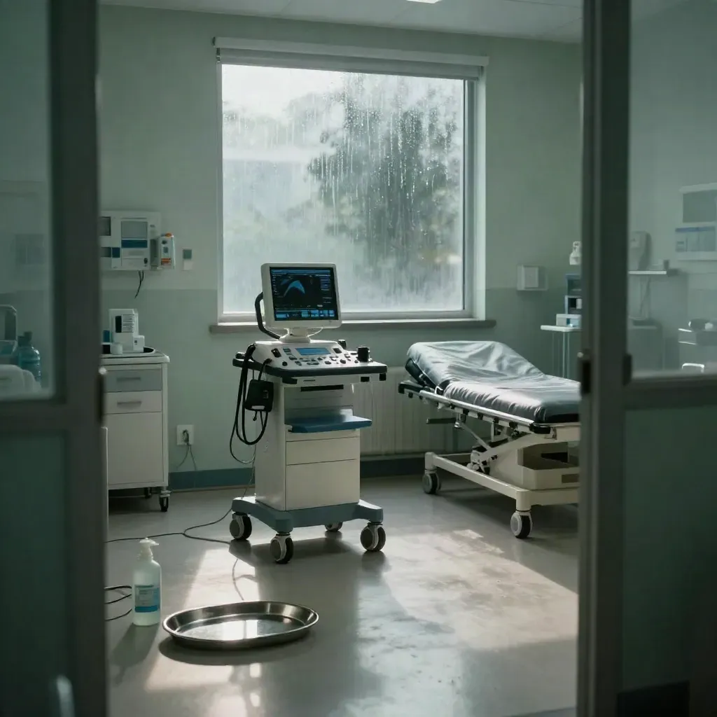 Empty cardiology exam bay lit by morning window light, with echo and ECG equipment