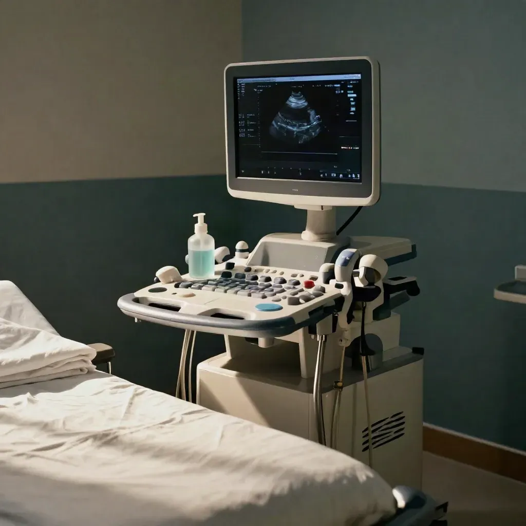 Ultrasound cart and exam table ready in a clean echocardiogram room