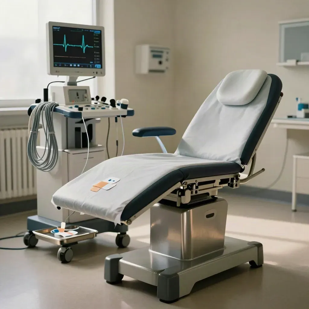 Pristine ECG room with coiled leads, pads, and a sheeted exam chair
