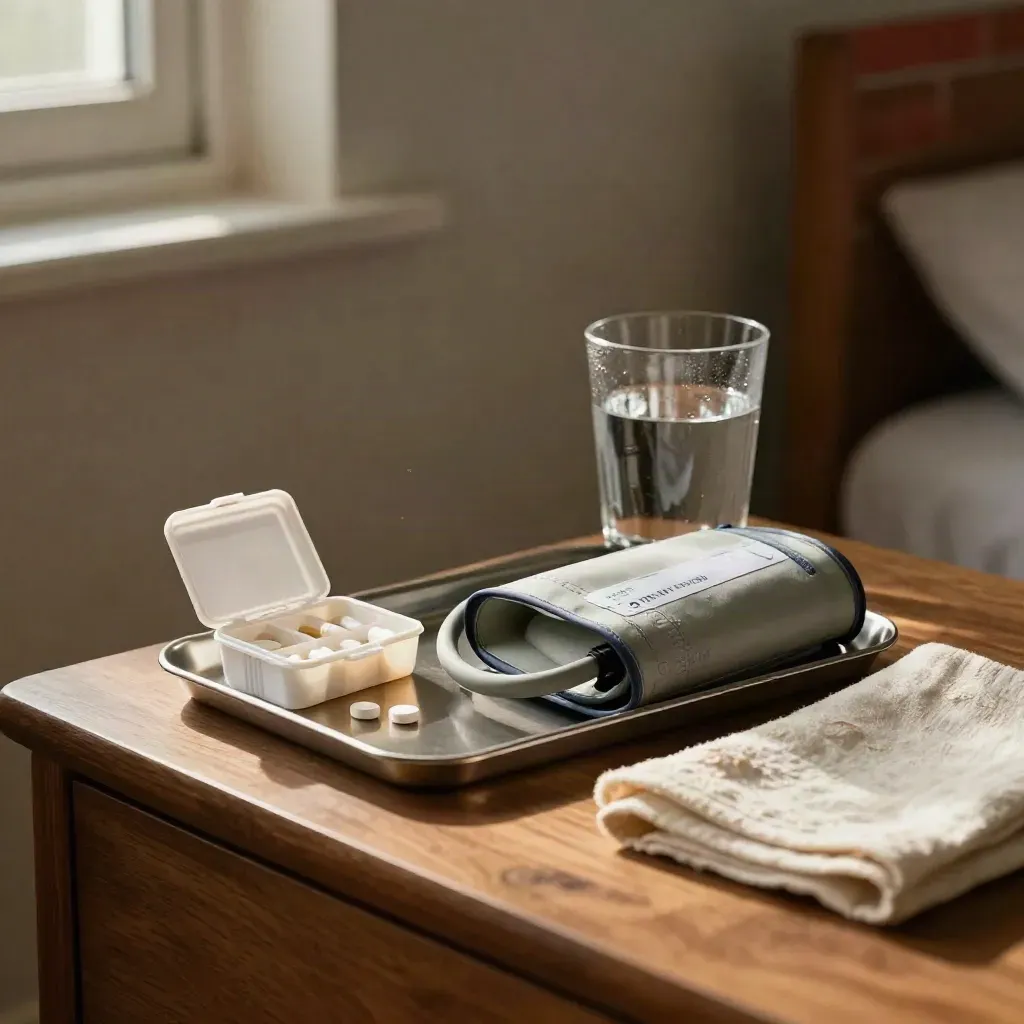 Heart-attack follow-up bedside setup with pill organizer, BP cuff, water glass, and medication tray.
