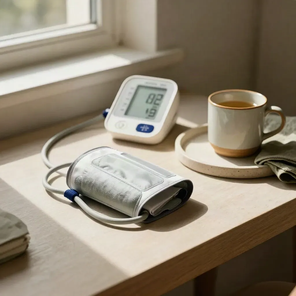 Blood-pressure cuff and monitor on a warm side table beside a mug in soft daylight.