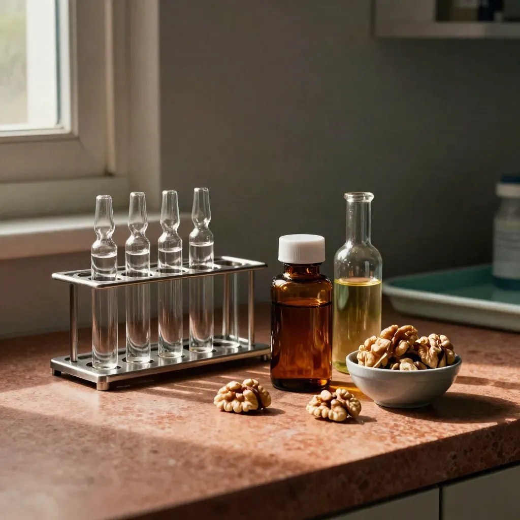 Cholesterol-care vials, statin bottle, oil bottle and walnuts on a terracotta clinic counter
