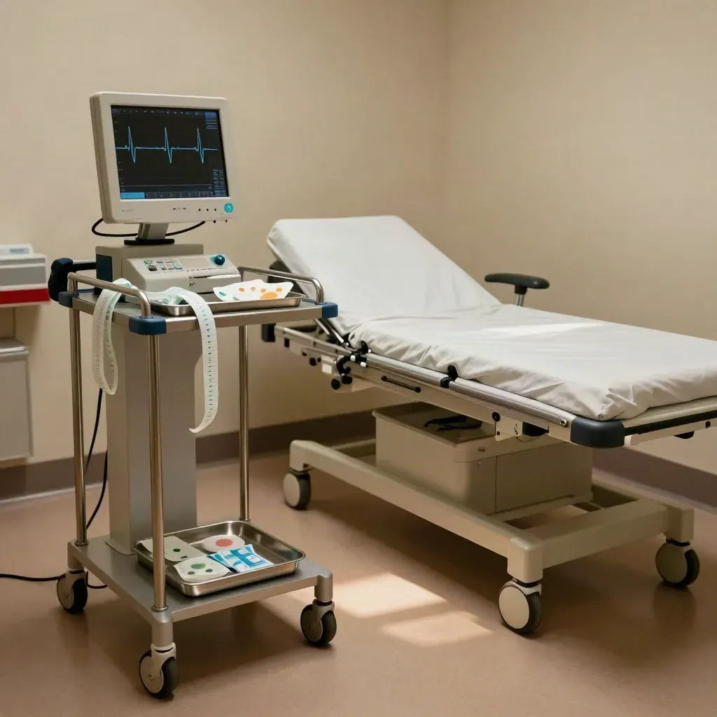 Empty ECG workup room with bed, cart, chair and lead set in soft window light.