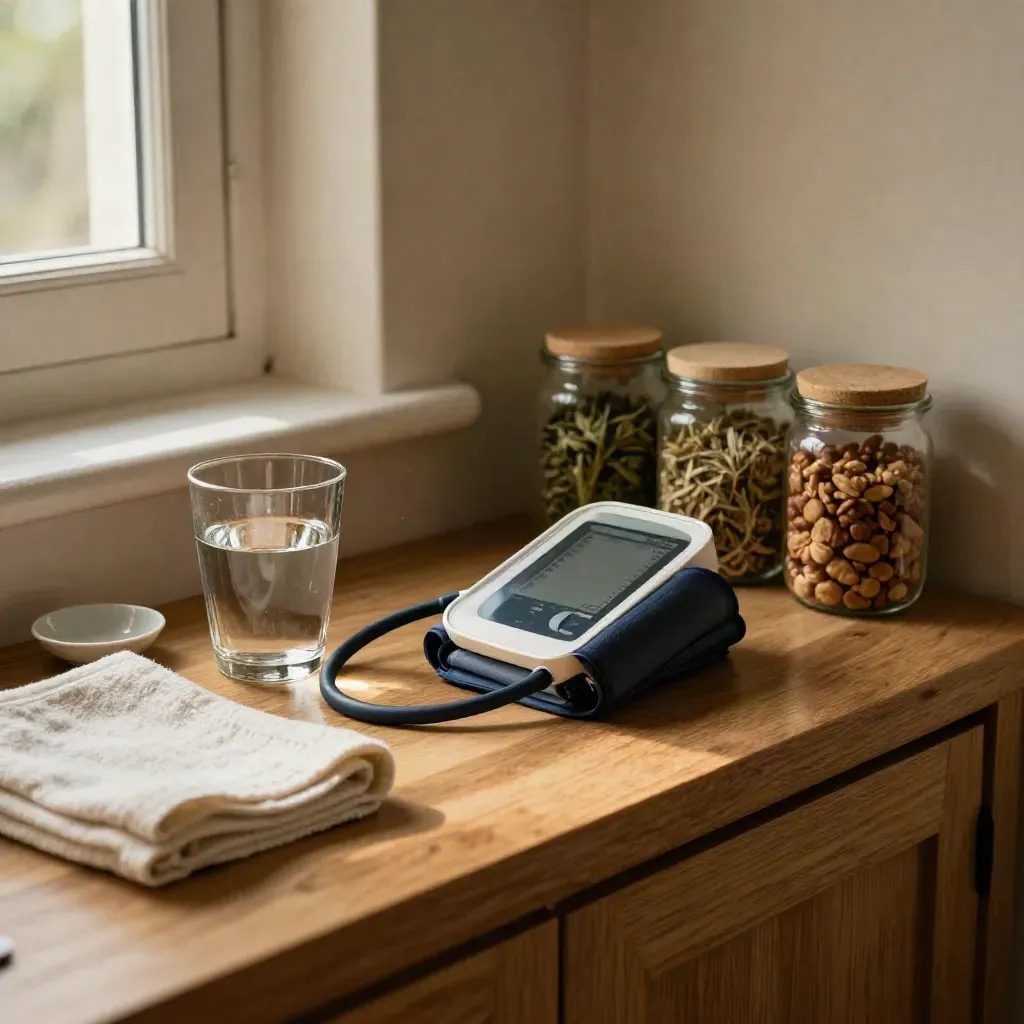 Home blood-pressure shelf with cuff, monitor, water glass, and pantry jars in warm light.
