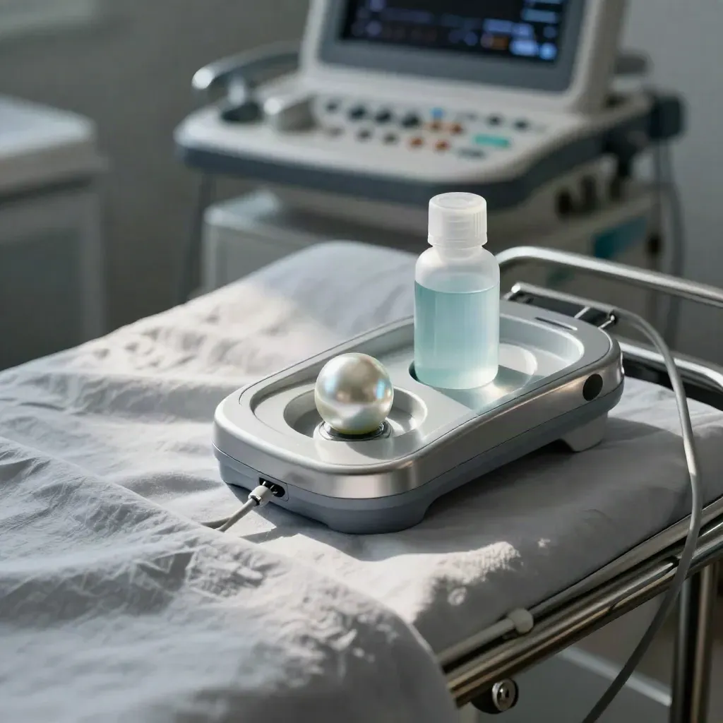 Echo transducer cradle, gel bottle, cable and blurred monitor glow in a calm suite