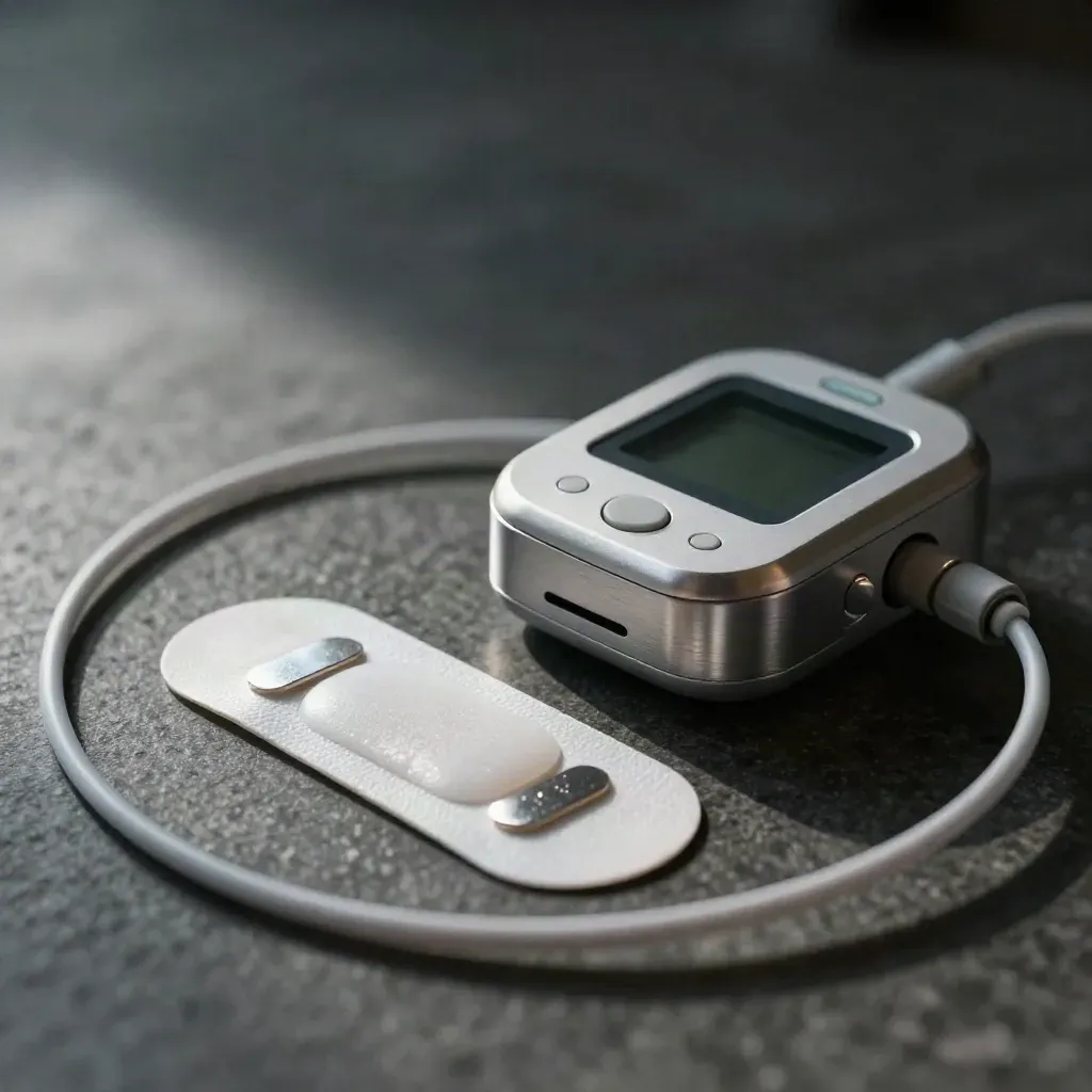 AFib monitoring kit with patches, charger dock, and event monitor on a dark counter.