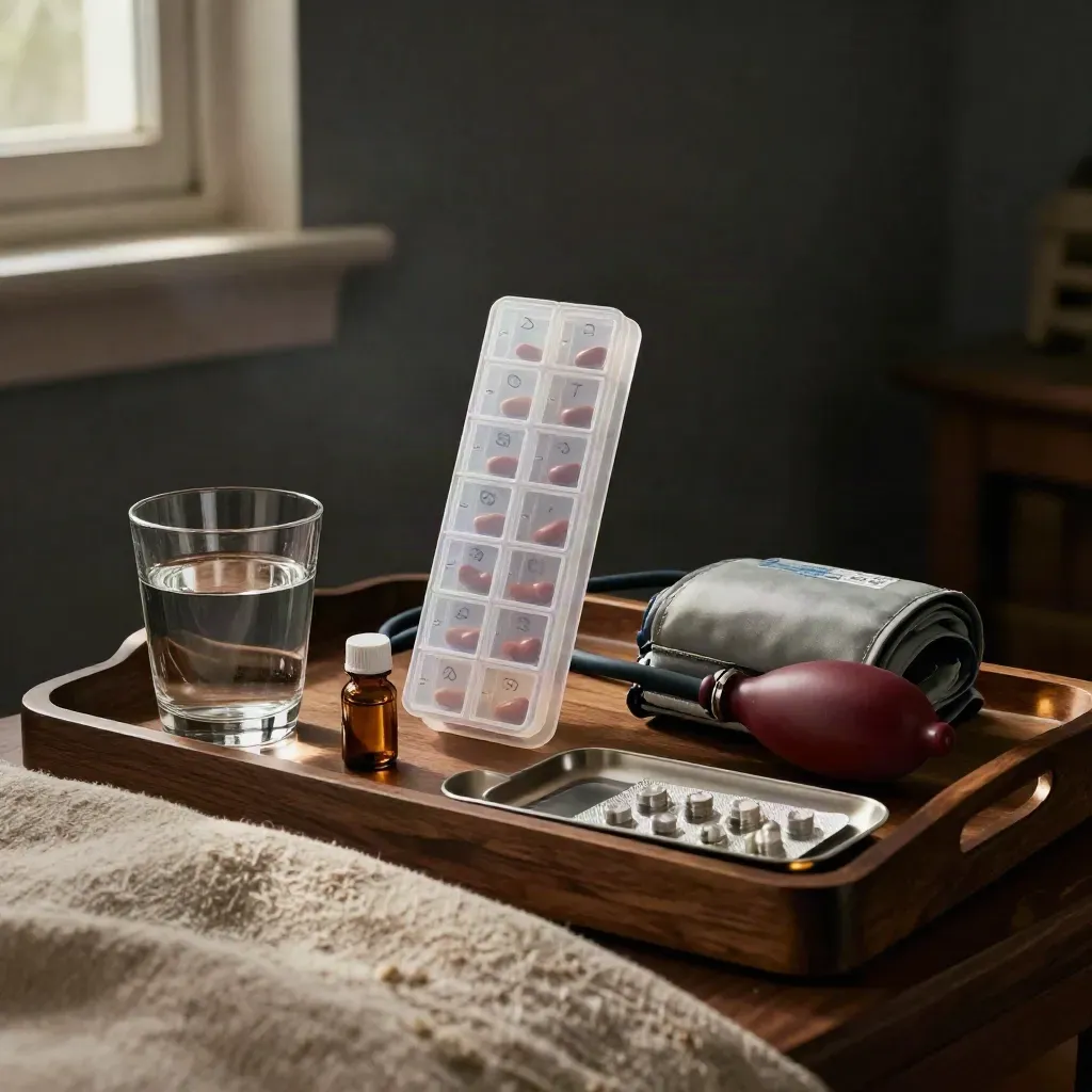 Pill organizer, blood-pressure cuff, water glass and medication tray on a dark bedside table.