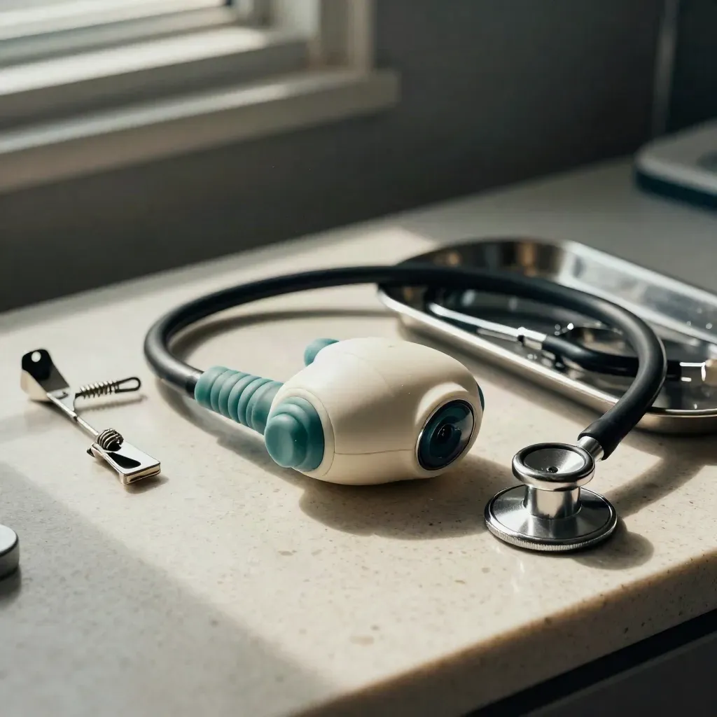 Macro still life of a transducer, stethoscope, ECG clips and tray on travertine under hard light.