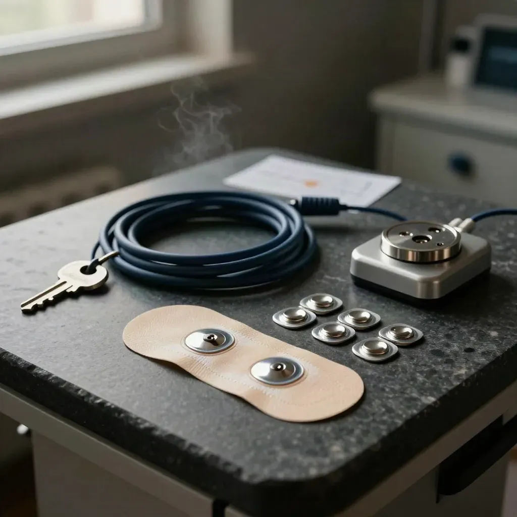 Holter monitor patch, cable coil, electrodes, and charging cradle on dark stone
