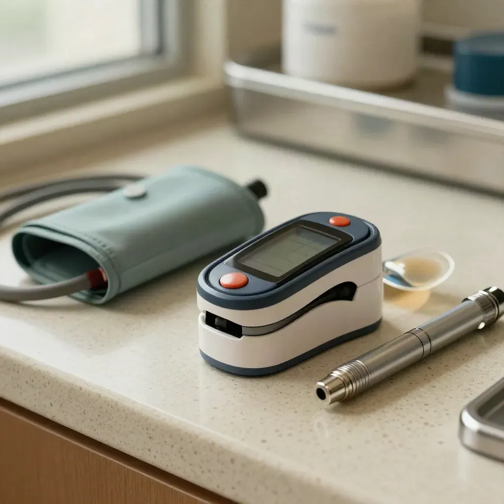 Portable vital-sign monitor, pulse oximeter, cuff tubing and penlight on an outpatient counter