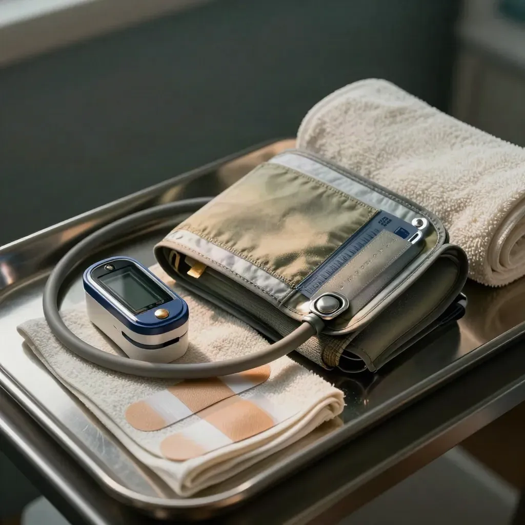 Blood-pressure cuff, pulse-ox clip, dressings and folded towel on a clinic tray.