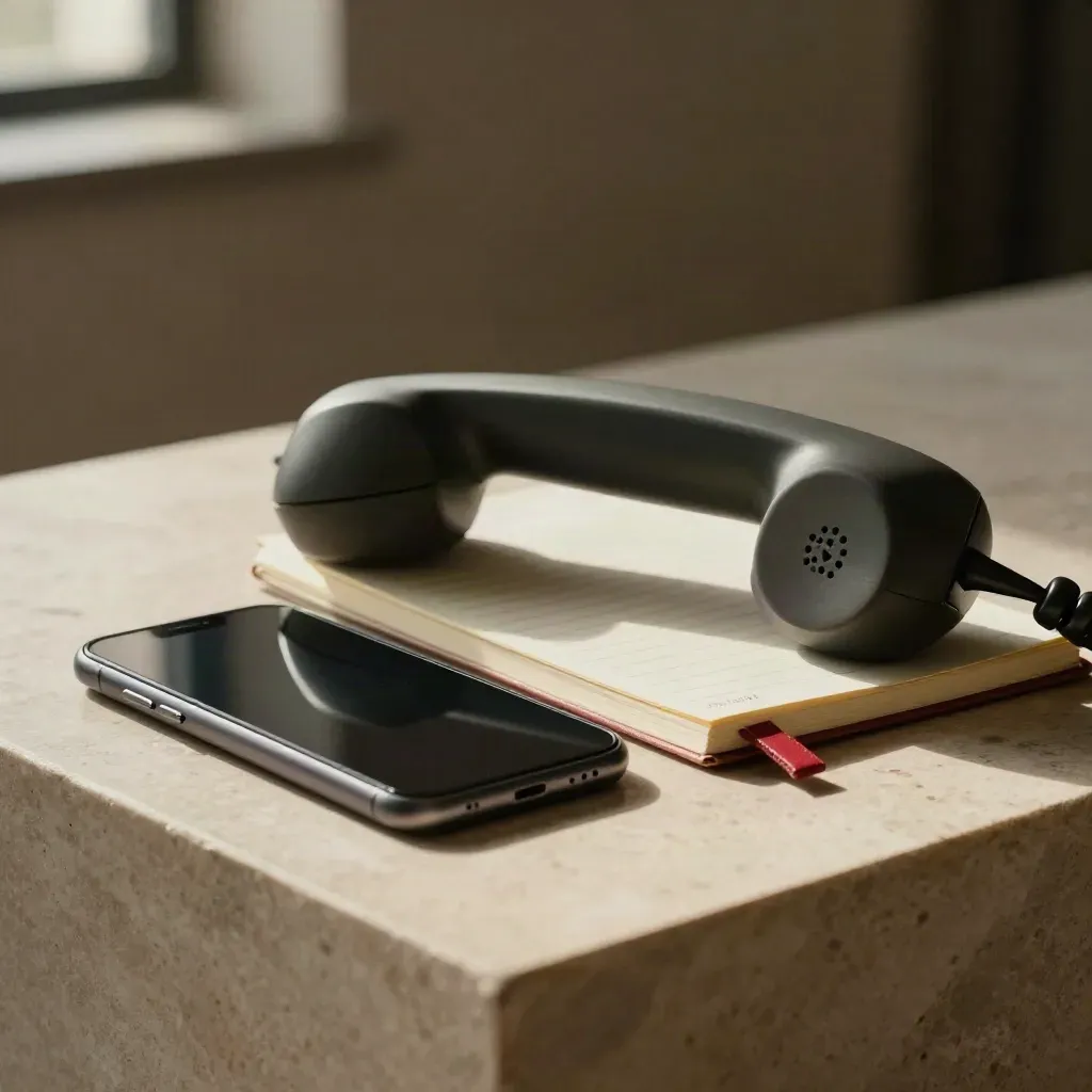 Desk phone handset, smartphone, and closed notebook on stone in soft side light.
