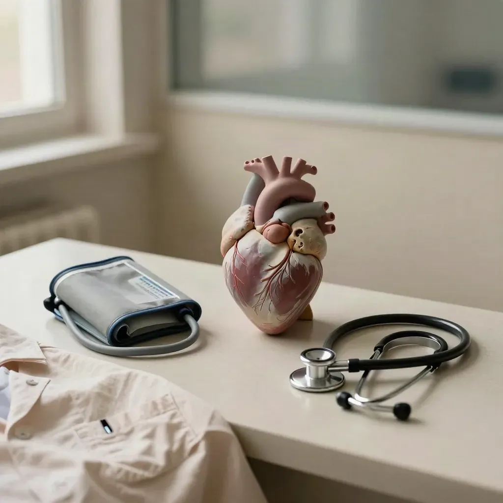 Heart model with stethoscope, blood-pressure cuff and folded gown on a pale counter.