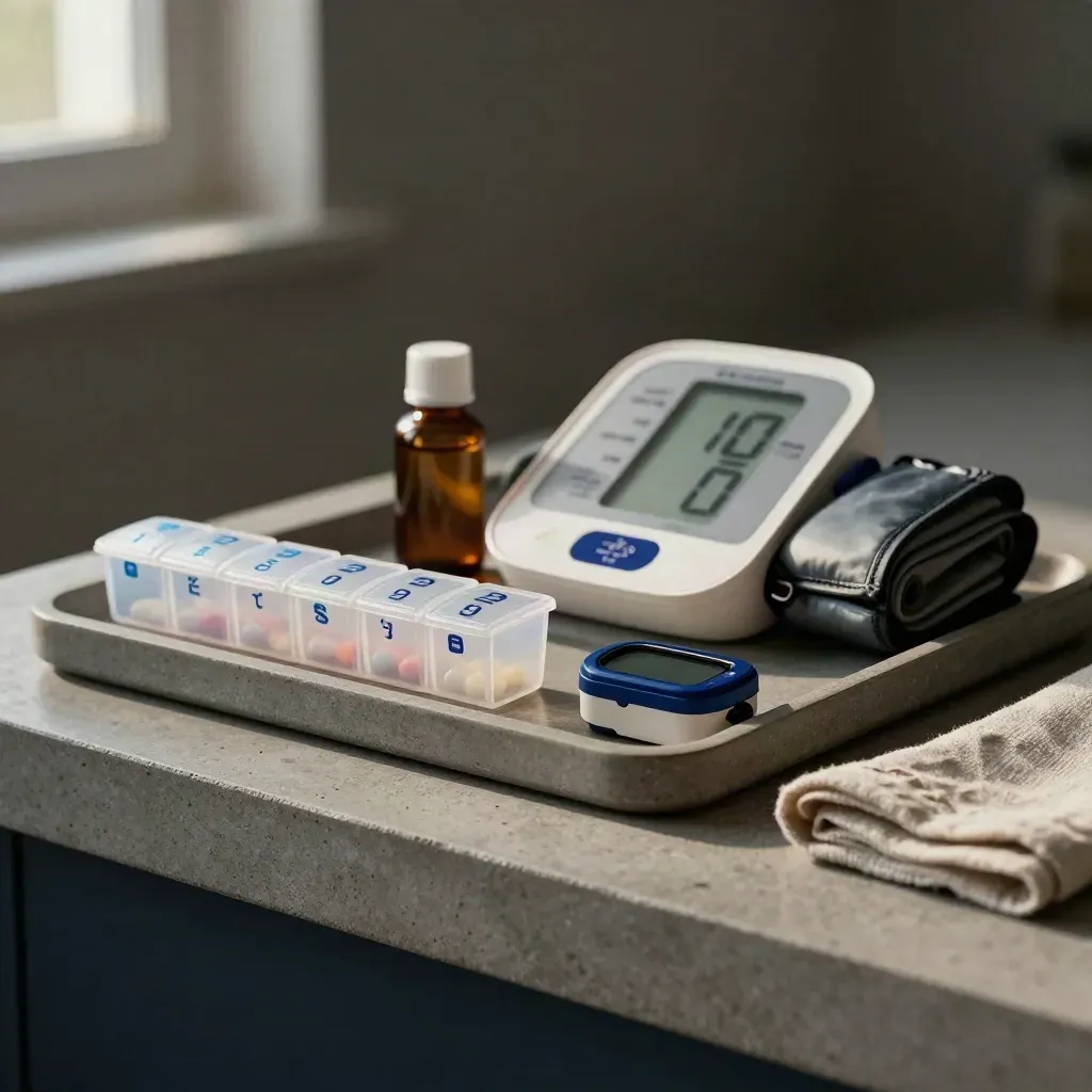 Pill organizer, blood-pressure monitor, pulse-ox clip and refill bottle on a stone tray.