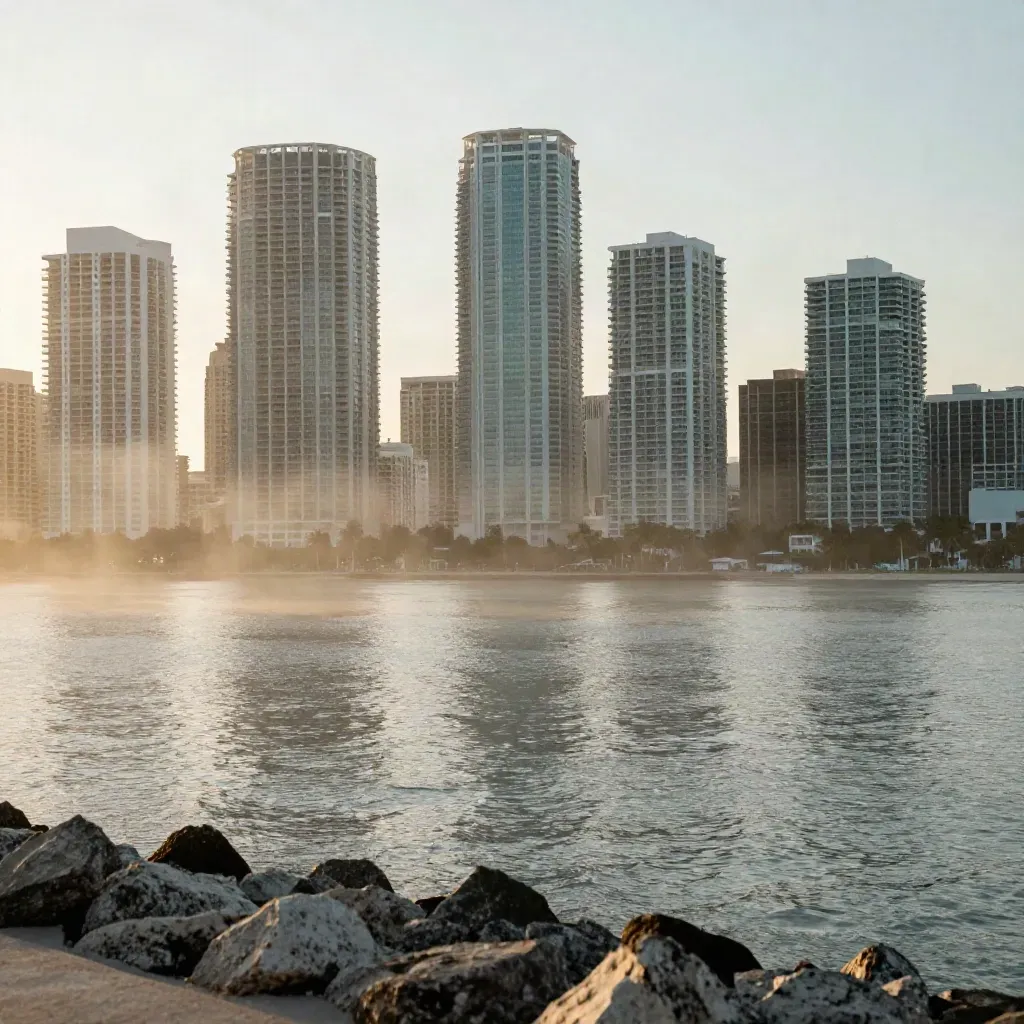 Miami skyline over Biscayne Bay in dawn haze, calm water below and towers high above