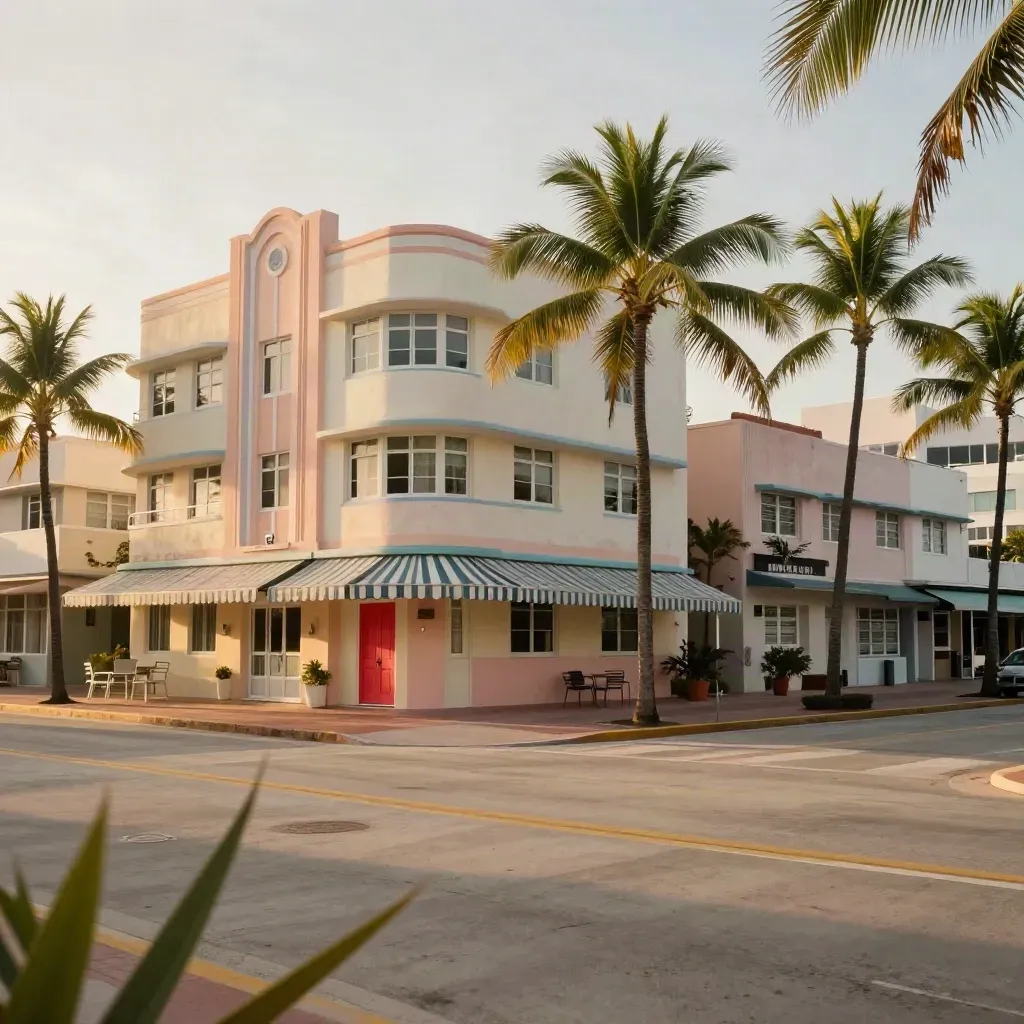 Golden-hour Miami Beach Art Deco façades above an empty sunlit street with palms and sea haze.