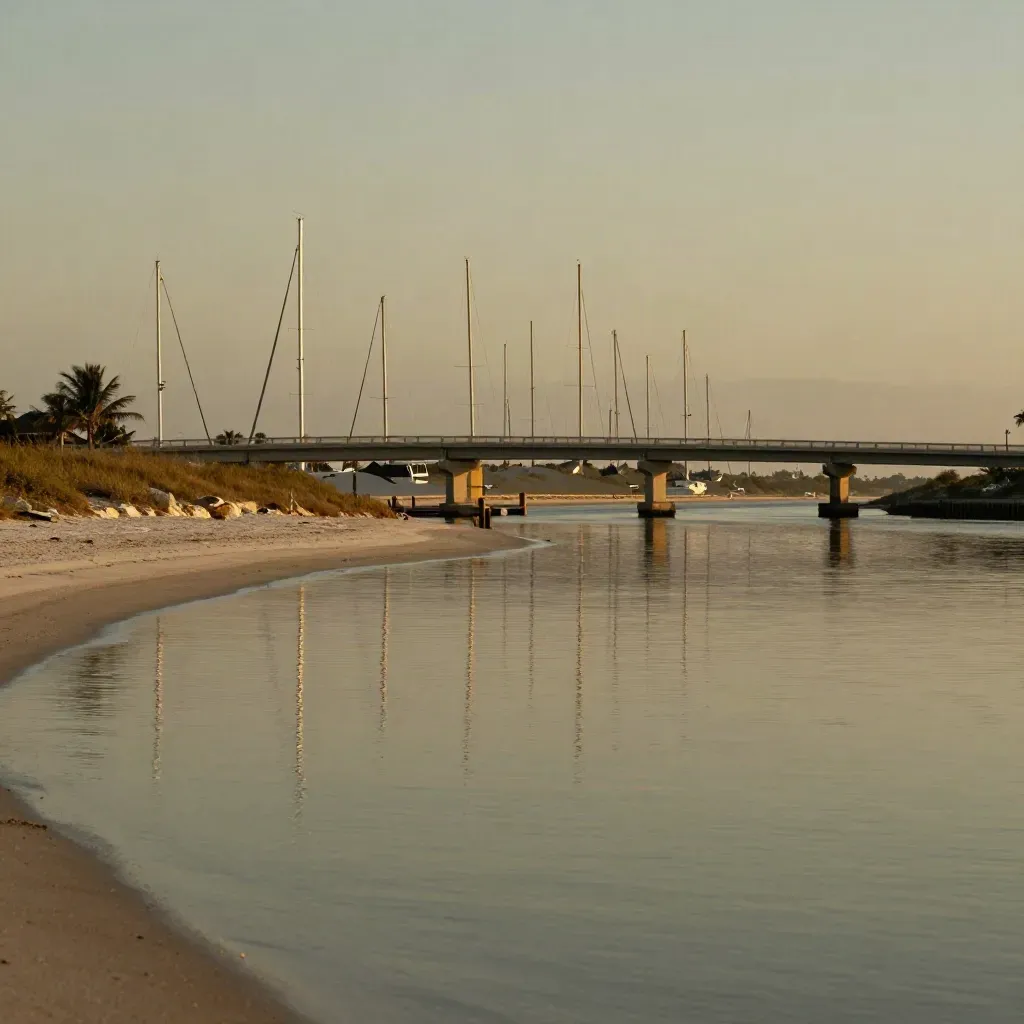 Hazy Intracoastal Waterway with bridge lines, marina masts, and calm open water